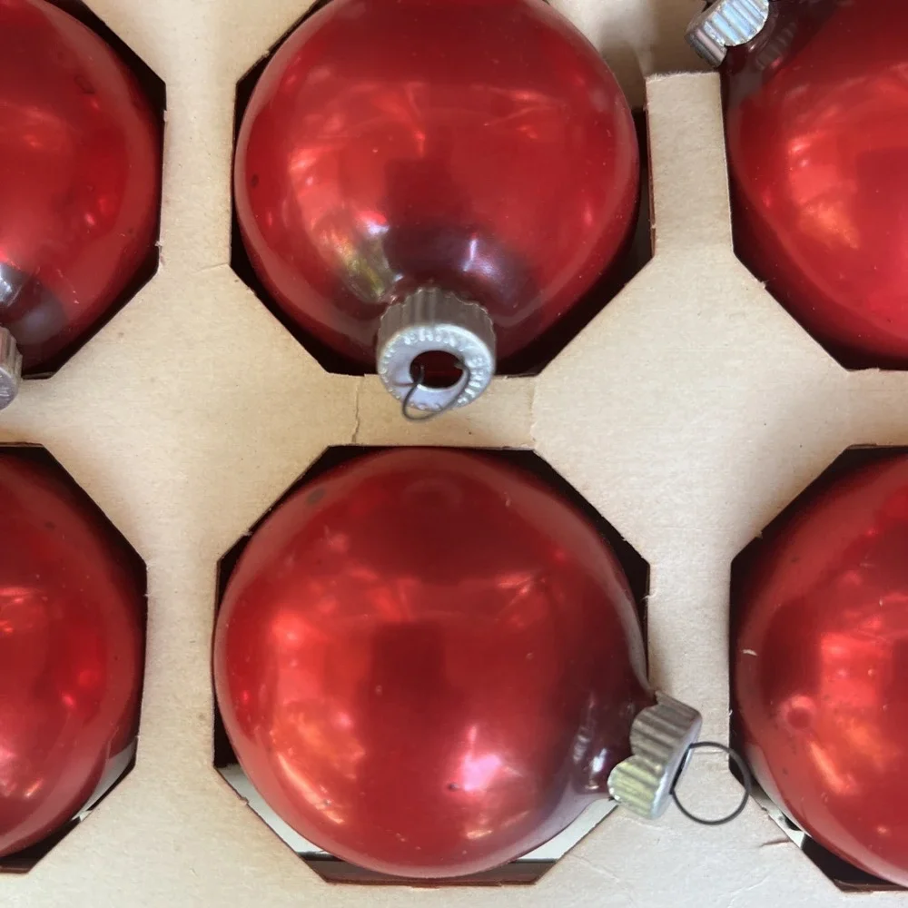 Vintage Shiny Brite Set Of 9 Glass Ornaments Red 2 1/4